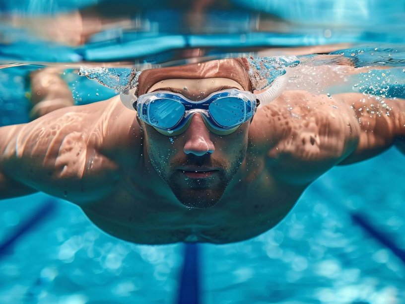 Mann bei schwimmtraining er trainiert tauchen 